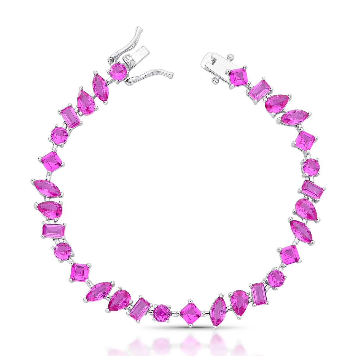 Pink mixed-cut cubic zirconia tennis bracelet in silver-plated brass, 17 cm