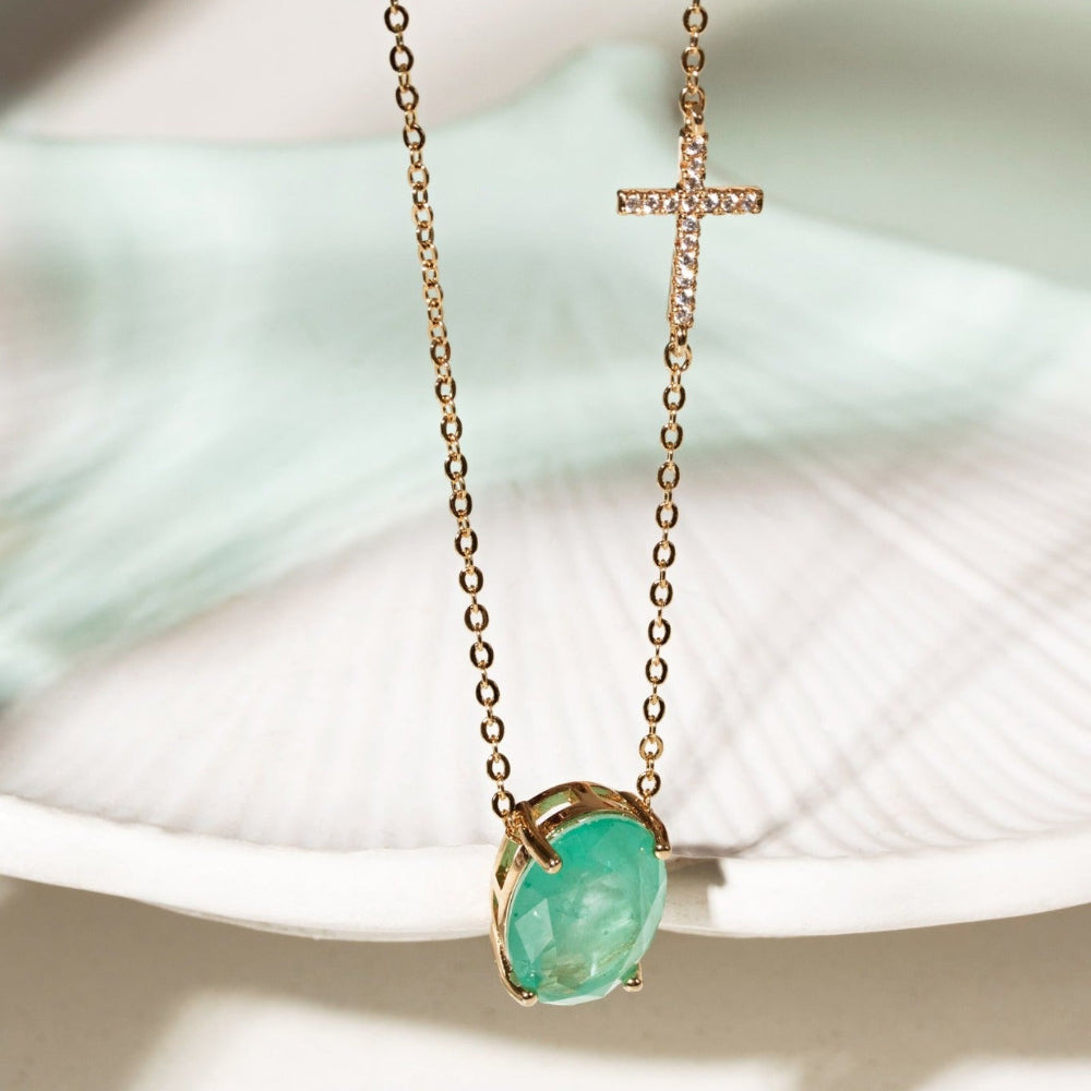 Gold-plated brass necklace with 14 x 12 mm oval green Tourmaline Fusion and a miniature clear cubic zirconia cross