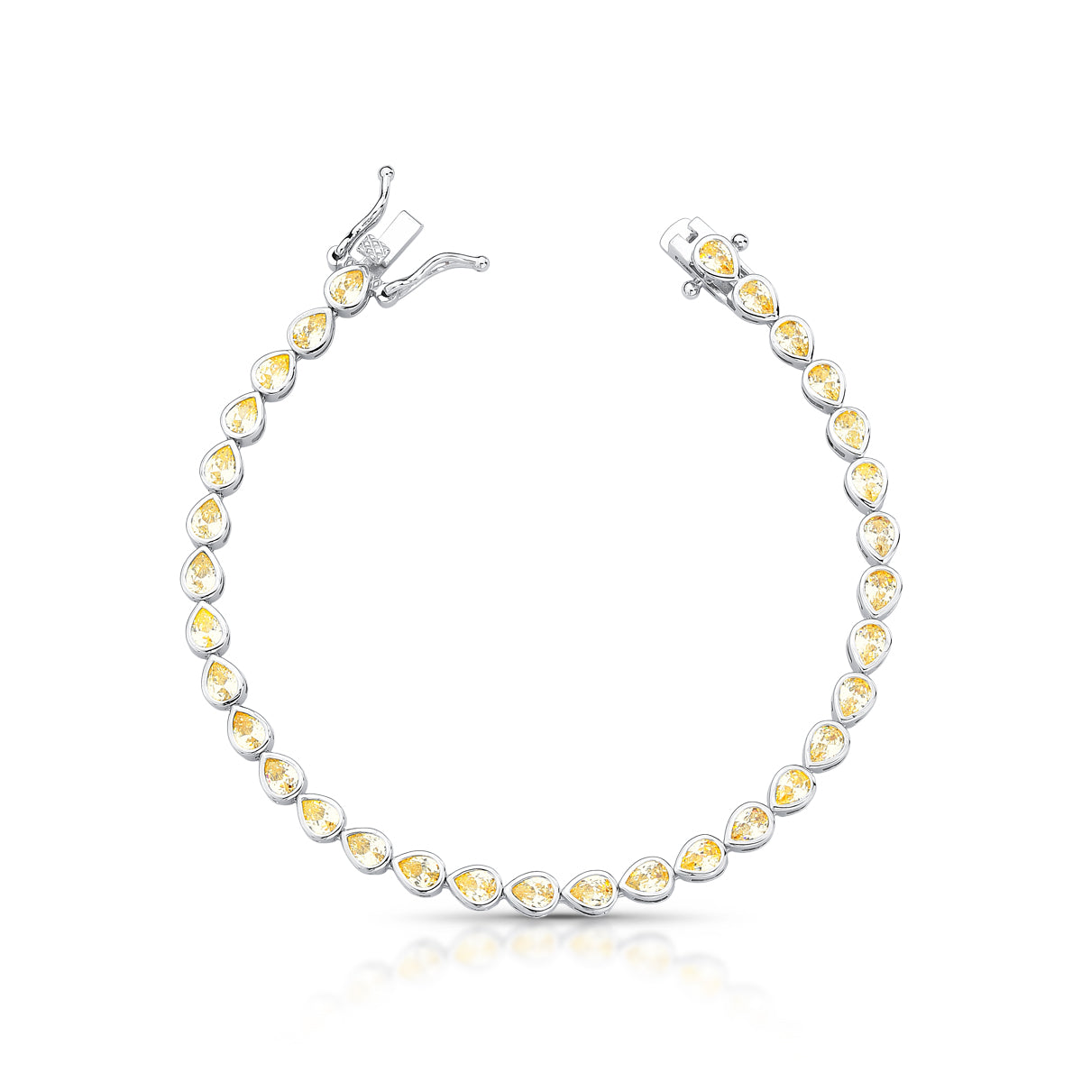 Silver-plated tennis bracelet with yellow pear-shaped cubic zirconia stones