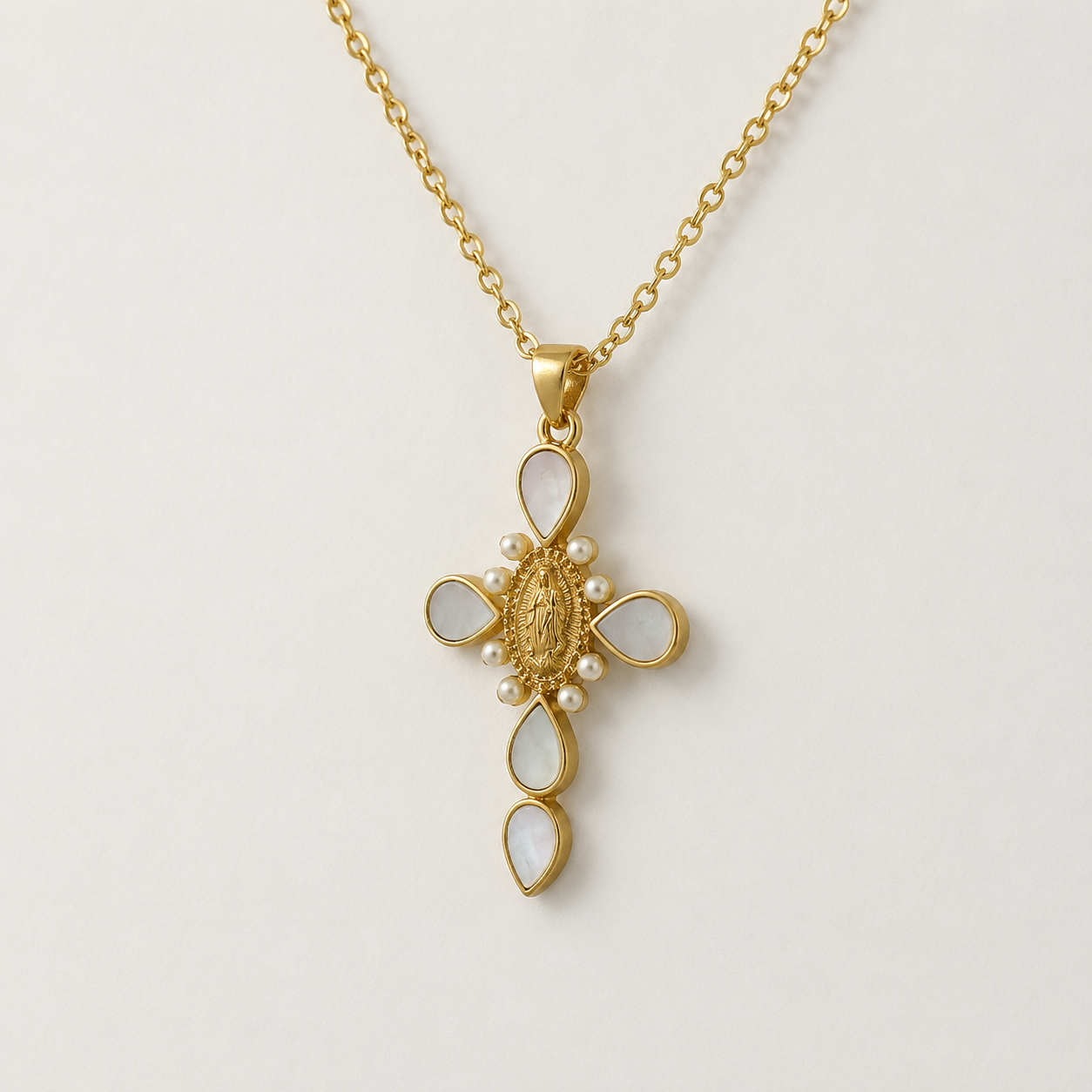 Mother of Pearl Cross Necklace Cubic Zirconia [Villa Valentina]