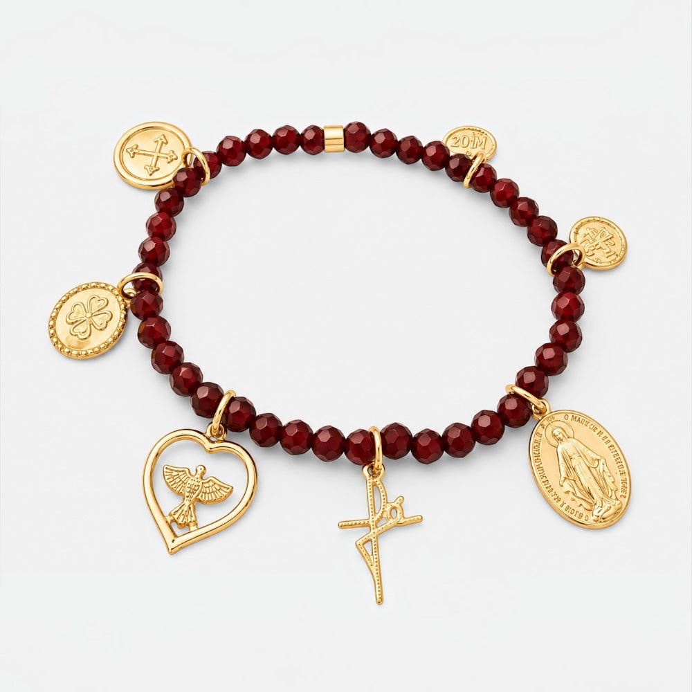 17cm gold stretch charm bracelet with religious charms and jade details