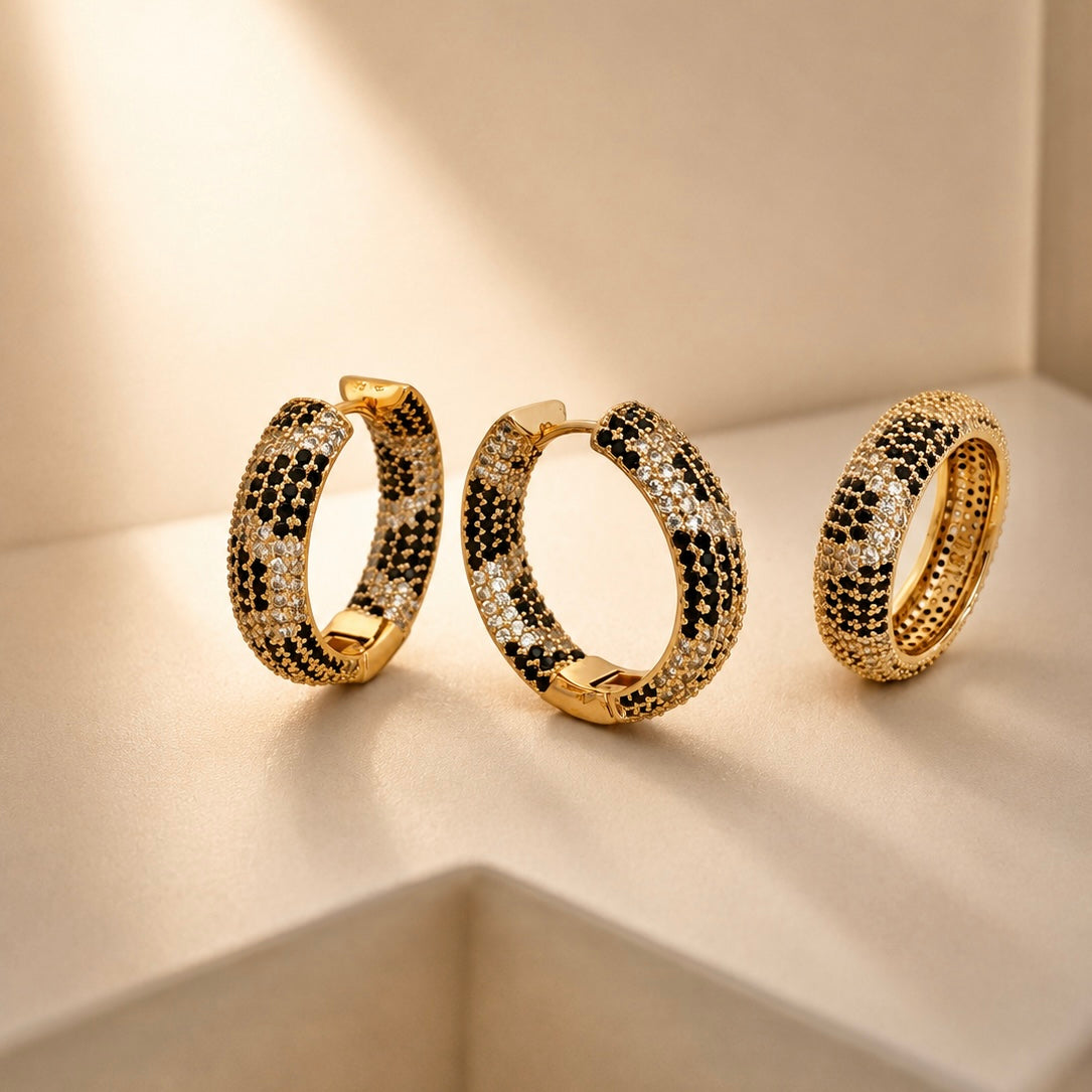 Gold Plated Black and White Zirconia Earrings and Ring Set [Villa Valentina]