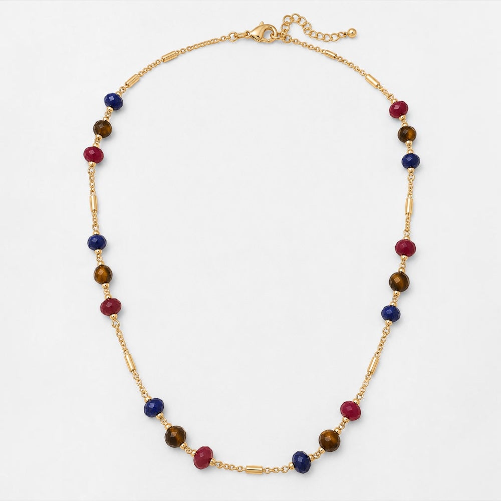 45cm beaded jade necklace with 5mm multicoloured stones and gold plated details