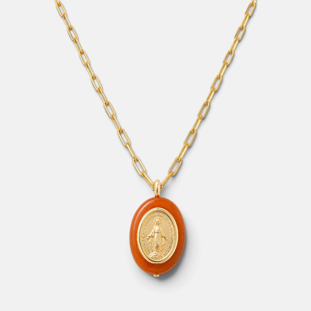 45cm jade necklace with oval Virgin Mary pendant and gold plated details