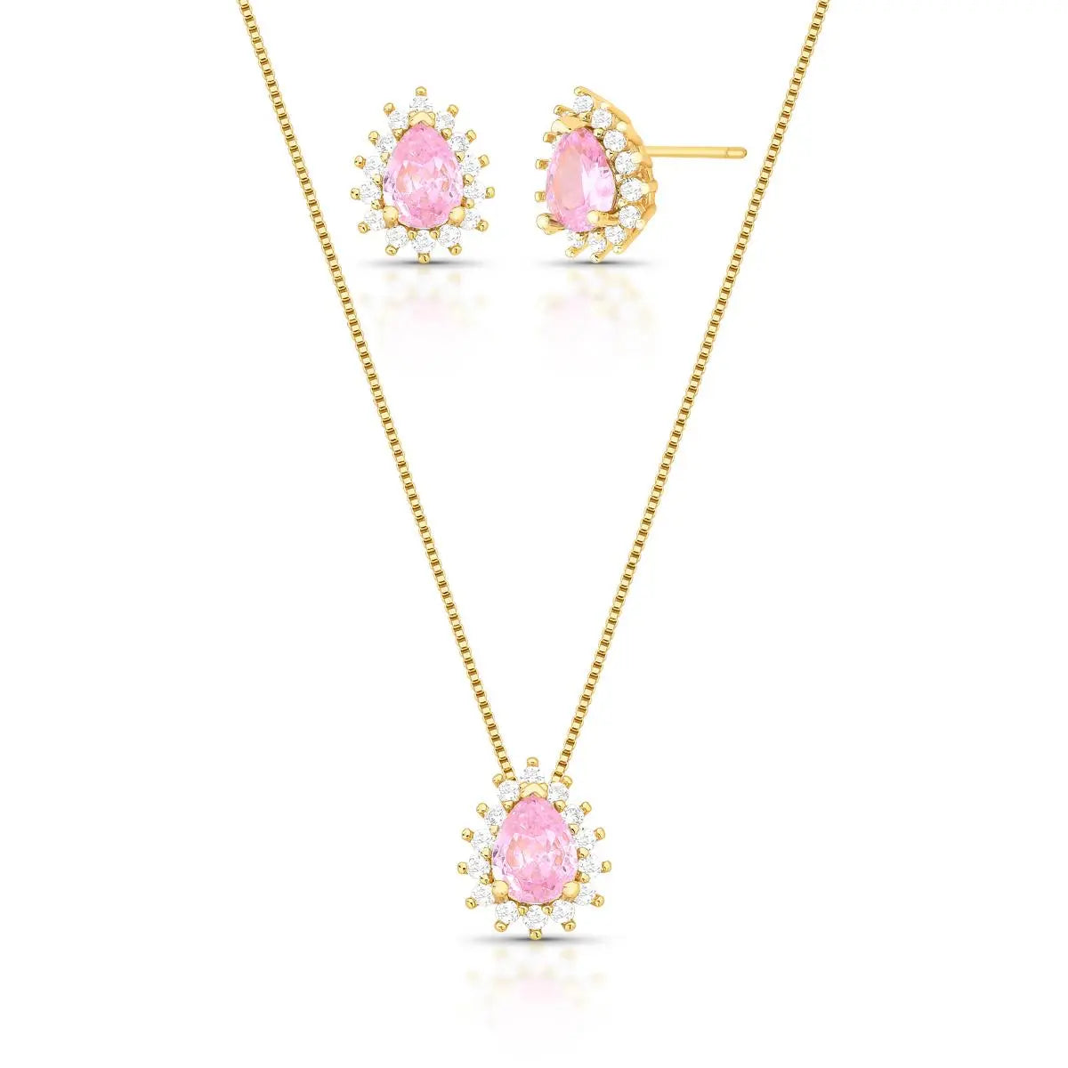Pink Teardrop Crystal Necklace & Earrings Set