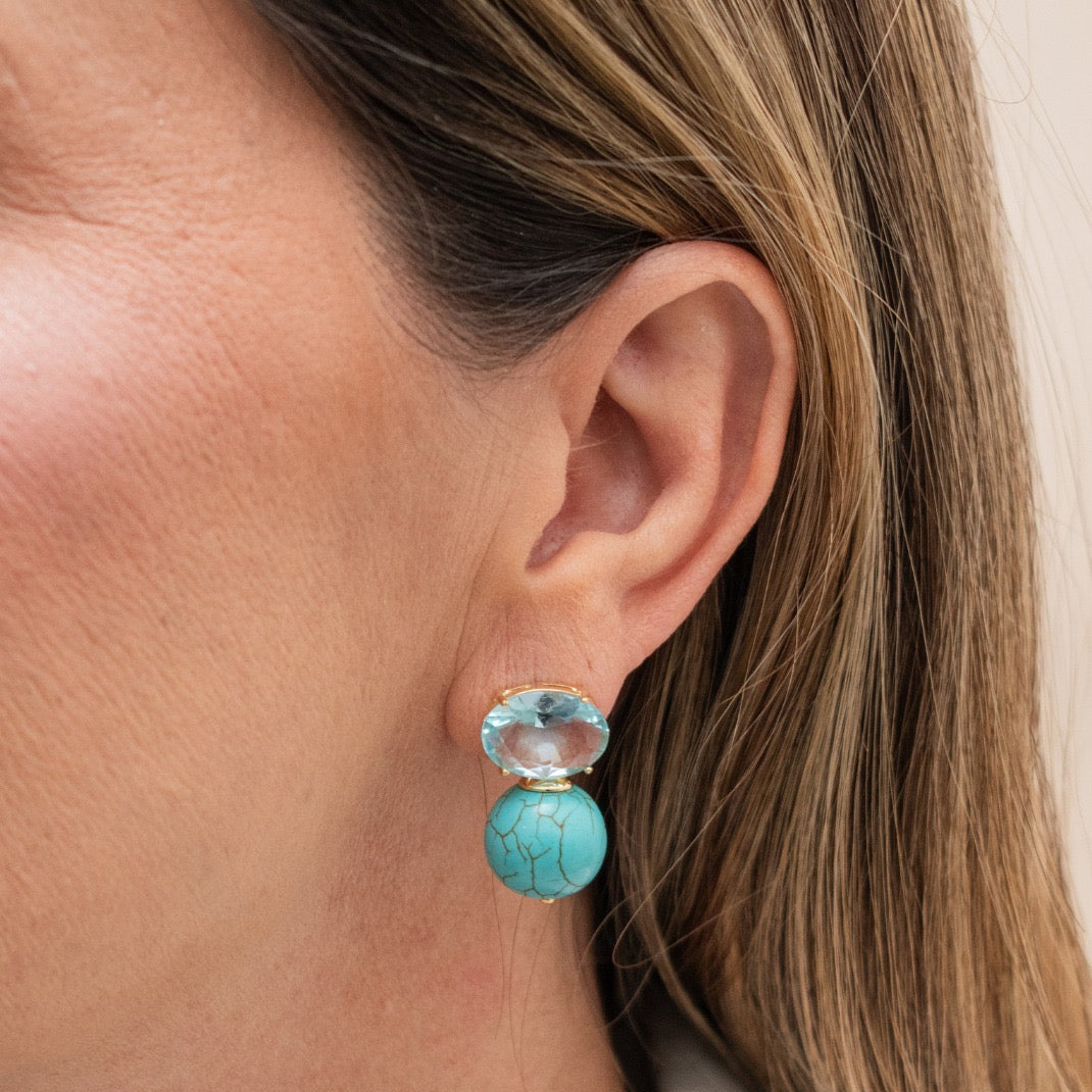 A close-up of a woman's ear wearing a double drop stud earring. The earring features a small oval clear crystal on top of a round turquoise-blue stone, set in a gold-tone metal.