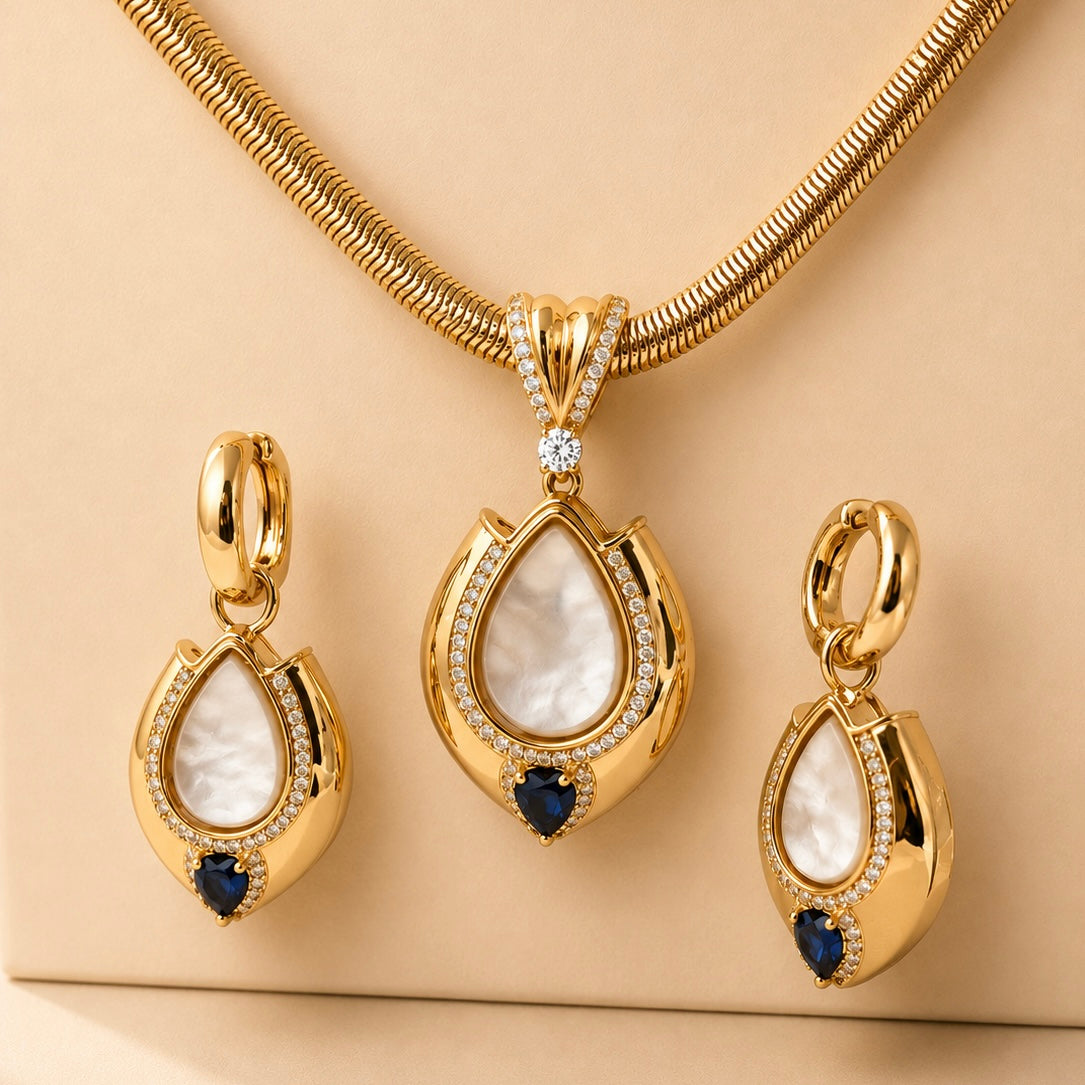Gold Plated Cat Eye Drop Set with Sapphire Zirconia [Villa Valentina]