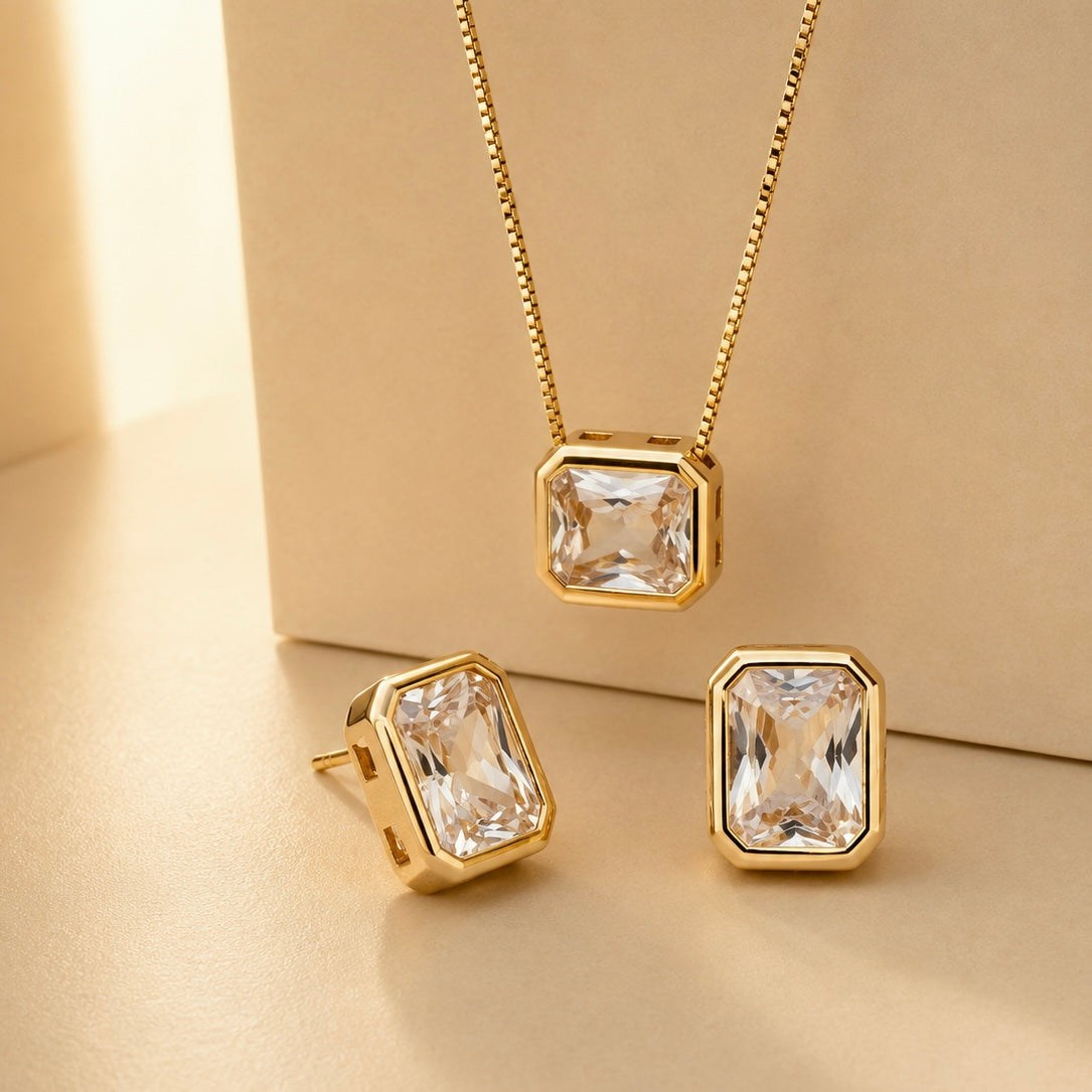Gold Plated Rectangular Zirconia Necklace and Earrings Set [Villa Valentina]
