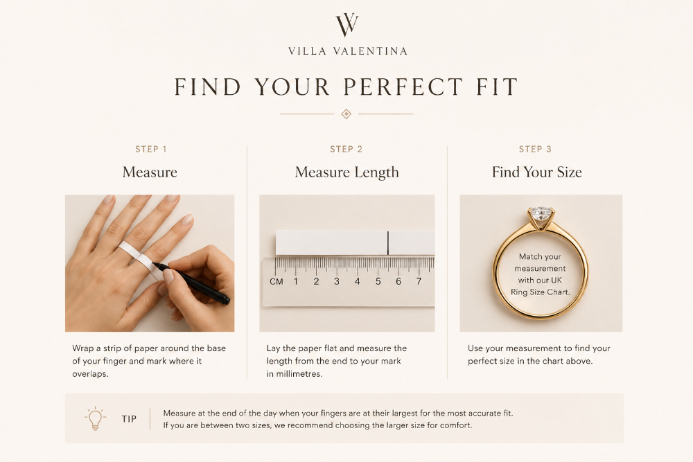 A fit-and-measure guide from Villa Valentina titled 'Find Your Perfect Fit' with three panels showing how to measure a finger, measure length, and use a ring size chart. The layout is clean and instructional on a light beige background.
