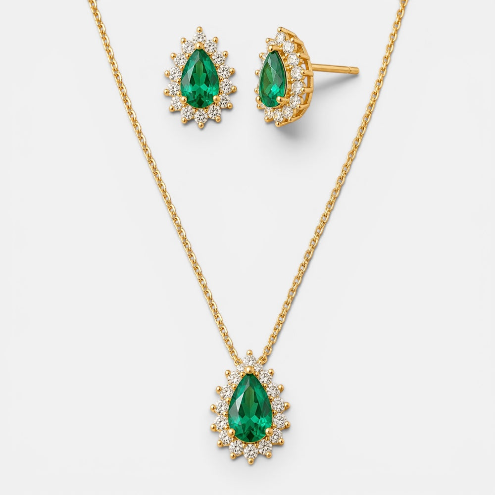 Emerald teardrop crystal jewellery set with matching necklace and earrings and cubic zirconia accents