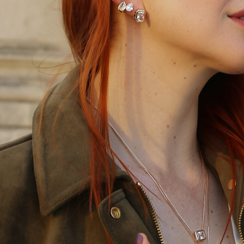 Gold Plated Rectangular Zirconia Necklace and Earrings Set [Villa Valentina]
