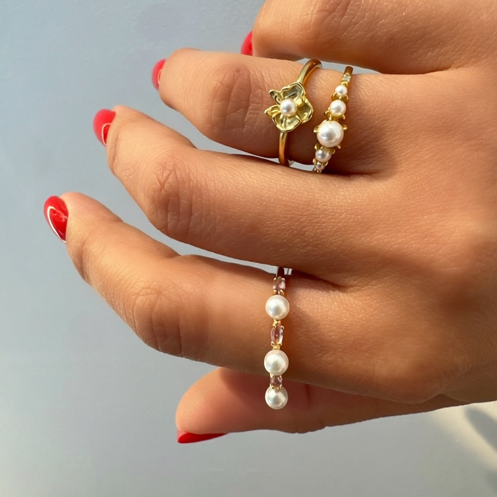 Flower zirconia and pearls ring [Villa Valentina]