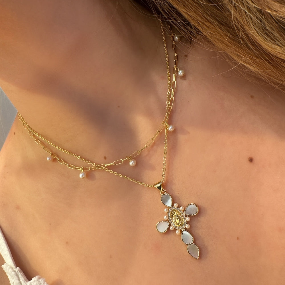 Mother of Pearl Cross Necklace Cubic Zirconia [Villa Valentina]