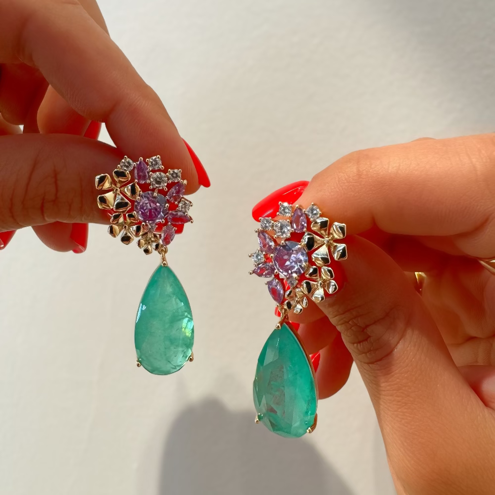 Gold Plated Tourmaline Flower Earrings for Women [Villa Valentina]