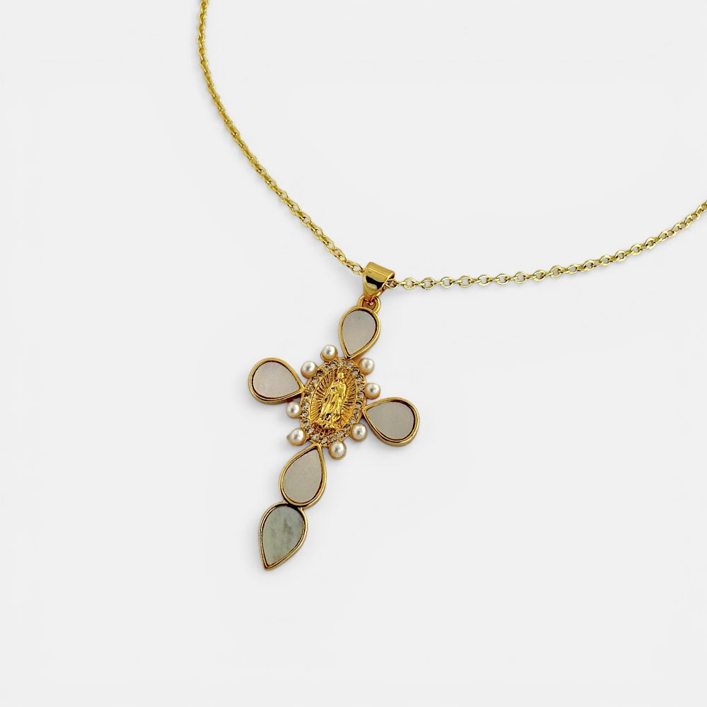 Fine Cross and Heart Necklace Adorned with Cubic Zirconia and Mother of Pearl