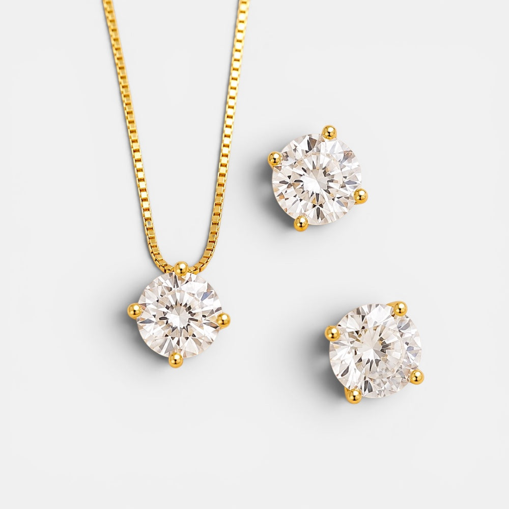 Gold plated cubic zirconia jewellery set with solitaire necklace and matching earrings