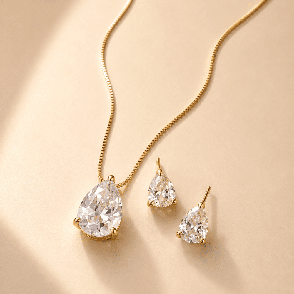 Gold plated drop zirconia jewellery set close-up