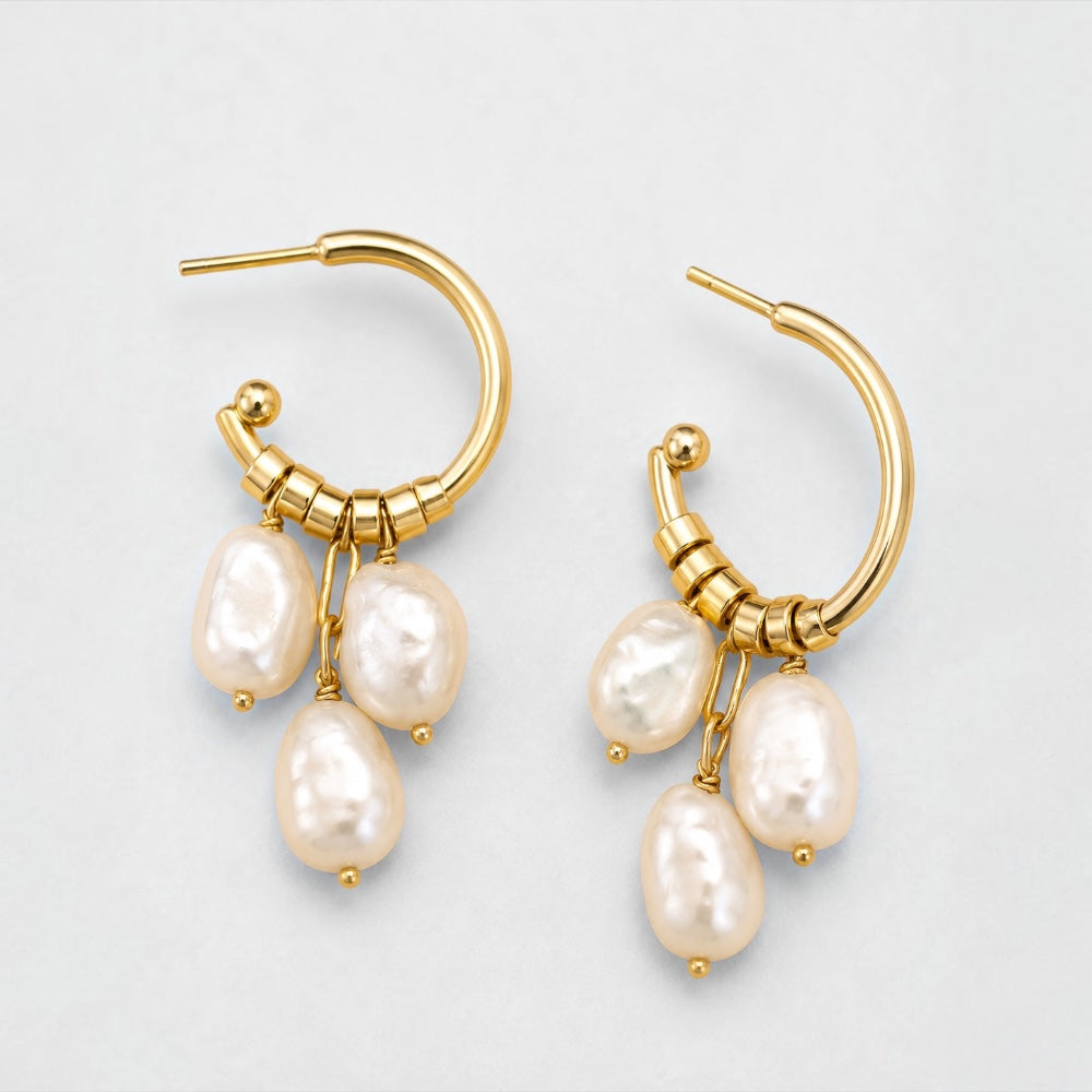 Gold plated hoop earrings with freshwater pearl drops