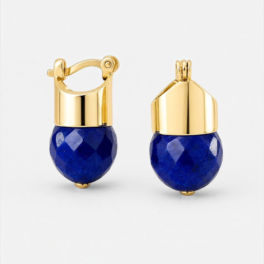 Gold plated jade earrings with faceted 12mm blue jade stones