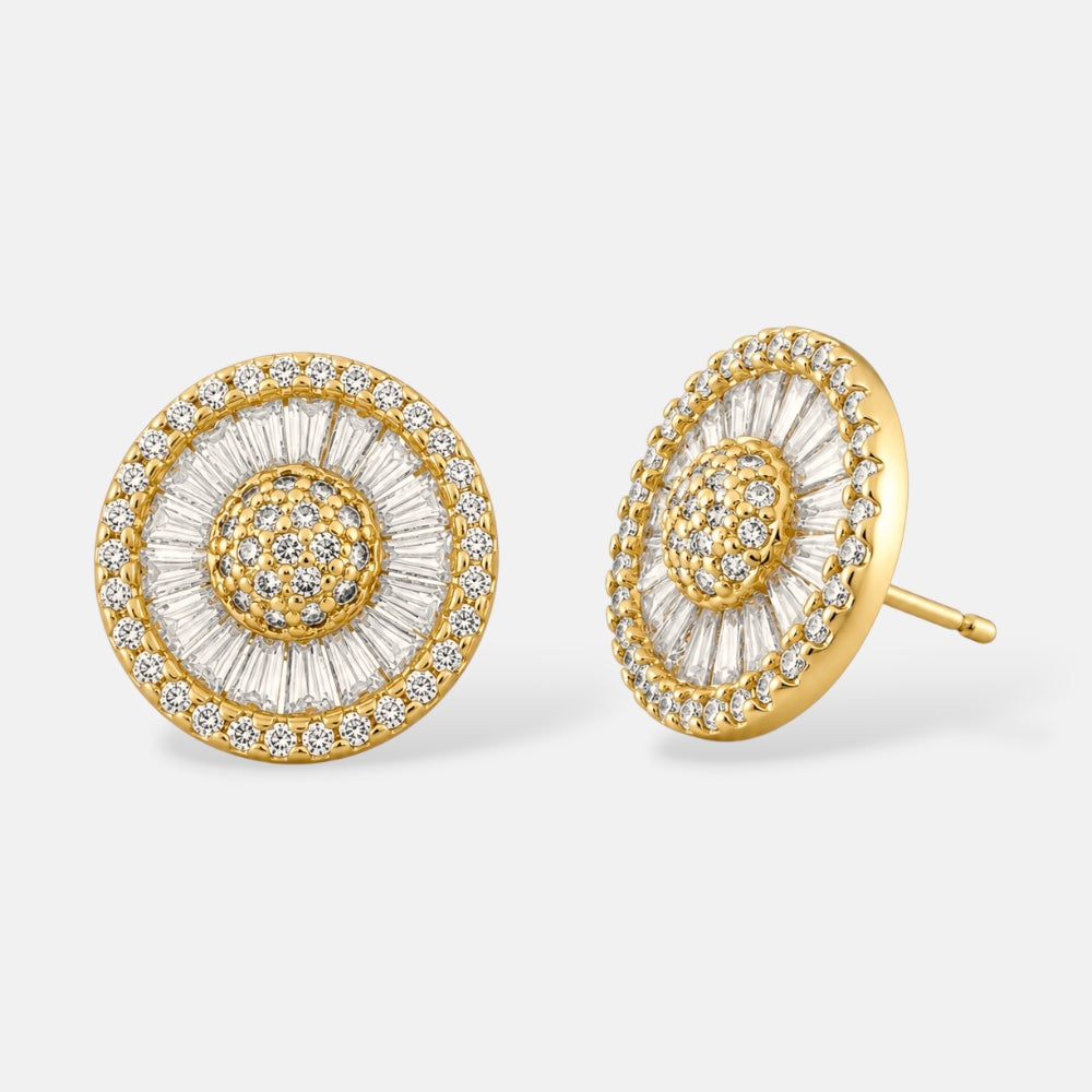 Gold plated knot stud earrings with pavé cubic zirconia on a white background
