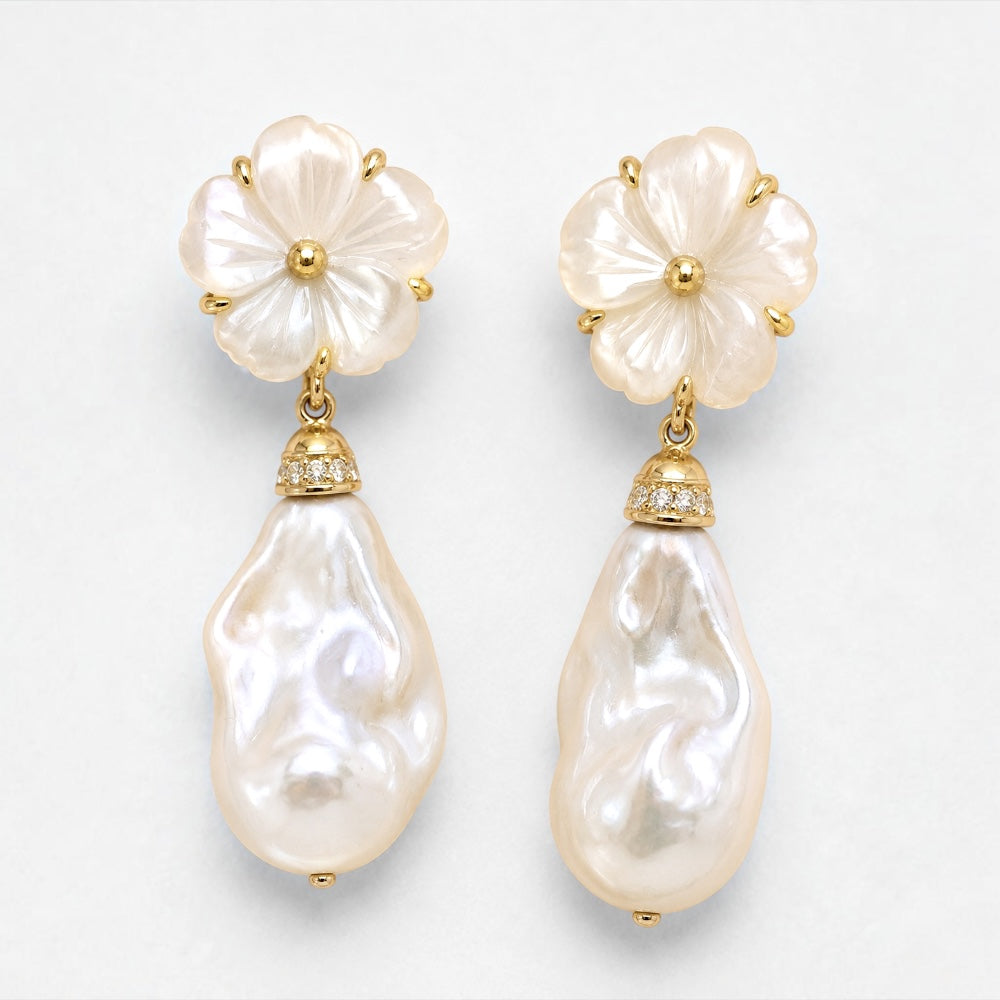 Gold plated mother of pearl flower earrings with baroque pearl drops