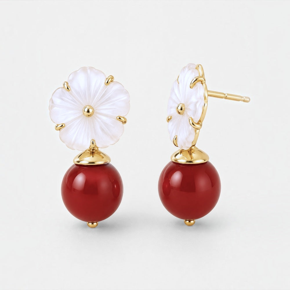 Gold plated mother of pearl flower earrings with ruby jade drop stones