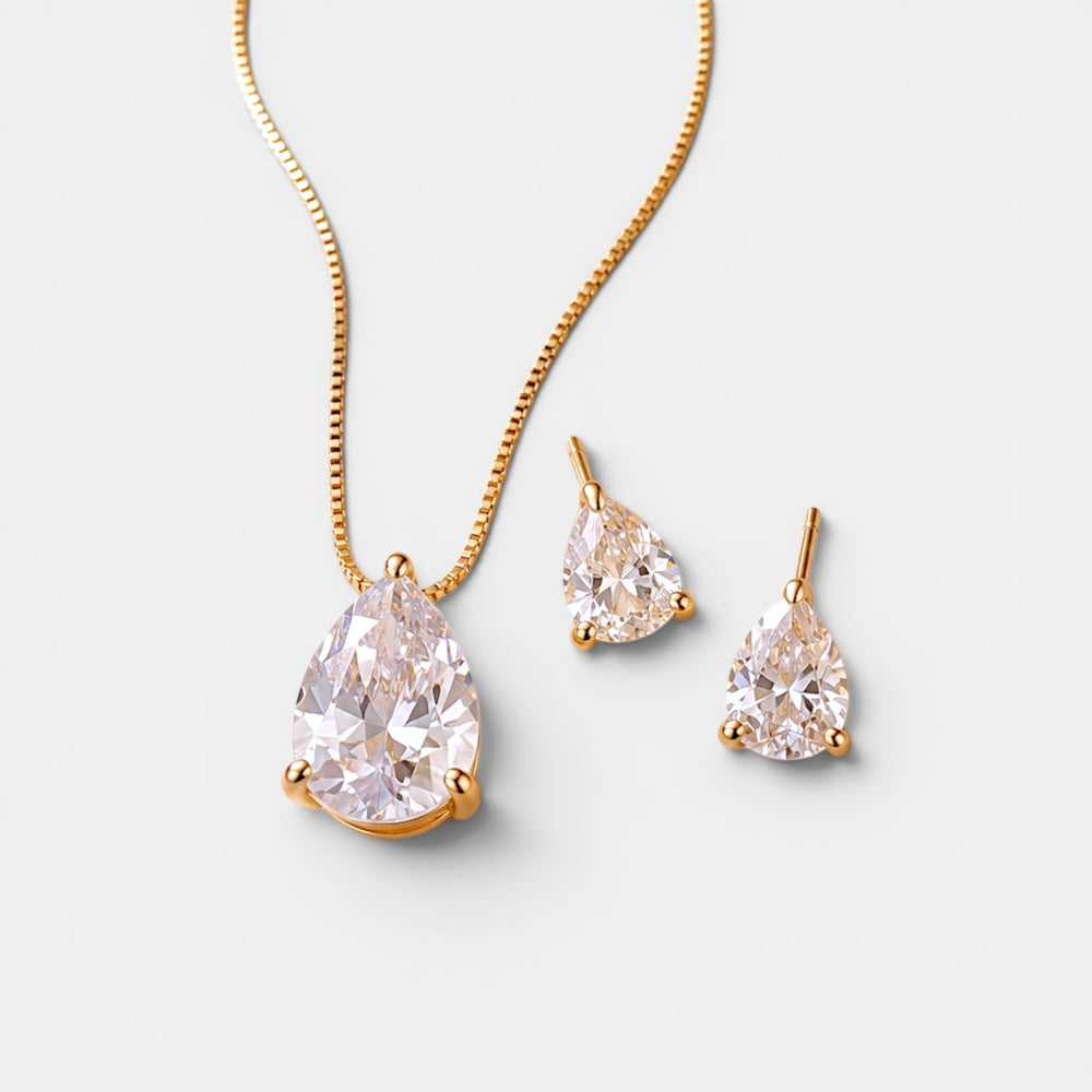 Gold plated necklace and earrings set with drop zirconia