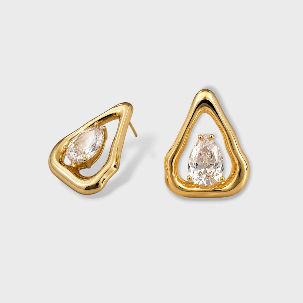 Gold plated triangle zirconia stud earrings close-up