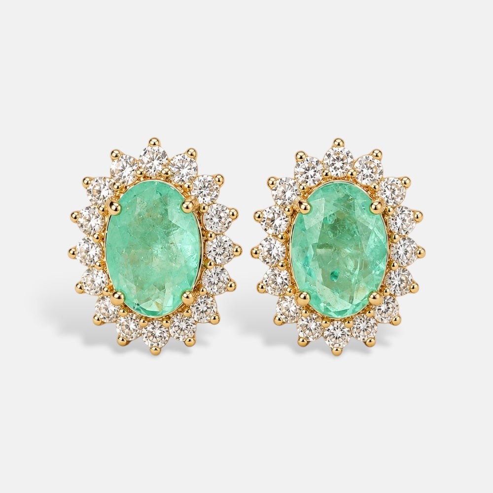 Green oval stud earrings with a clear cubic zirconia halo