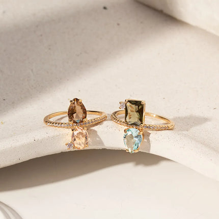 MORGANITE CRYSTAL, SMOKED TOPAZ CRYSTAL AND PERIDOTE CRYSTAL RING