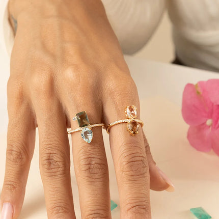 MORGANITE CRYSTAL, SMOKED TOPAZ CRYSTAL AND PERIDOTE CRYSTAL RING