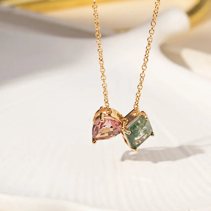 RECTANGLE SCAPULAR NECKLACE WITH RODOLITE CRYSTAL AND GREEN RUTILATED CRYSTAL 65CM