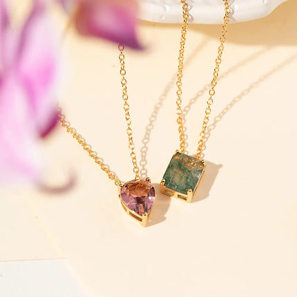RECTANGLE SCAPULAR NECKLACE WITH RODOLITE CRYSTAL AND GREEN RUTILATED CRYSTAL 65CM