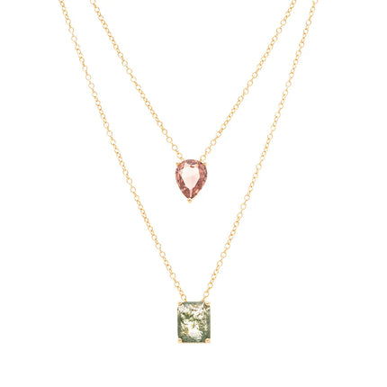 RECTANGLE SCAPULAR NECKLACE WITH RODOLITE CRYSTAL AND GREEN RUTILATED CRYSTAL 65CM