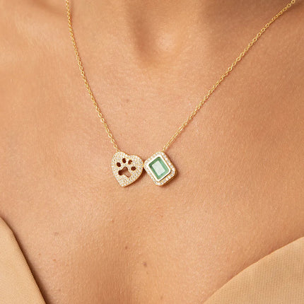 RECTANGLE SCAPULAR NECKLACE AND HEART PETS OF FUSION COLOMBIAN EMERALD AND WHITE ZIRCONIA 65CM
