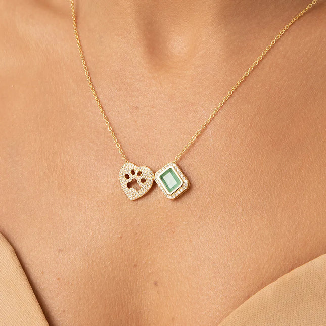 RECTANGLE SCAPULAR NECKLACE AND HEART PETS OF FUSION COLOMBIAN EMERALD AND WHITE ZIRCONIA 65CM