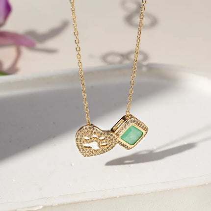 RECTANGLE SCAPULAR NECKLACE AND HEART PETS OF FUSION COLOMBIAN EMERALD AND WHITE ZIRCONIA 65CM