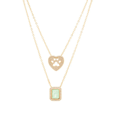 RECTANGLE SCAPULAR NECKLACE AND HEART PETS OF FUSION COLOMBIAN EMERALD AND WHITE ZIRCONIA 65CM