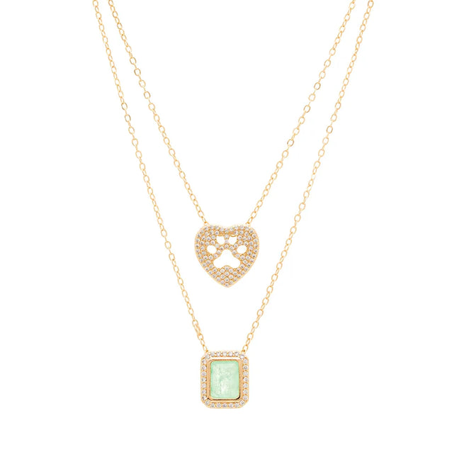 RECTANGLE SCAPULAR NECKLACE AND HEART PETS OF FUSION COLOMBIAN EMERALD AND WHITE ZIRCONIA 65CM