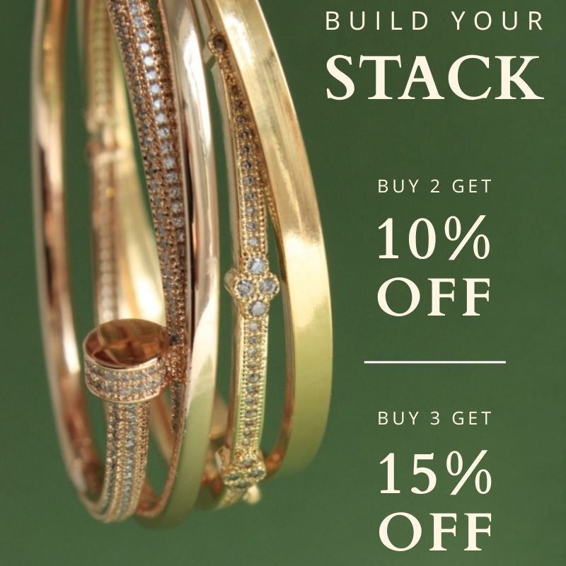 Promotional graphic for jewelry with a close-up of stacked gold and rose gold bangles on the left, and sale text on a dark green background: 'BUILD YOUR STACK', 'BUY 2 GET 10% OFF', 'BUY 3 GET 15% OFF', plus a QR code and '@VILLAVALENTINAOUTLET'.