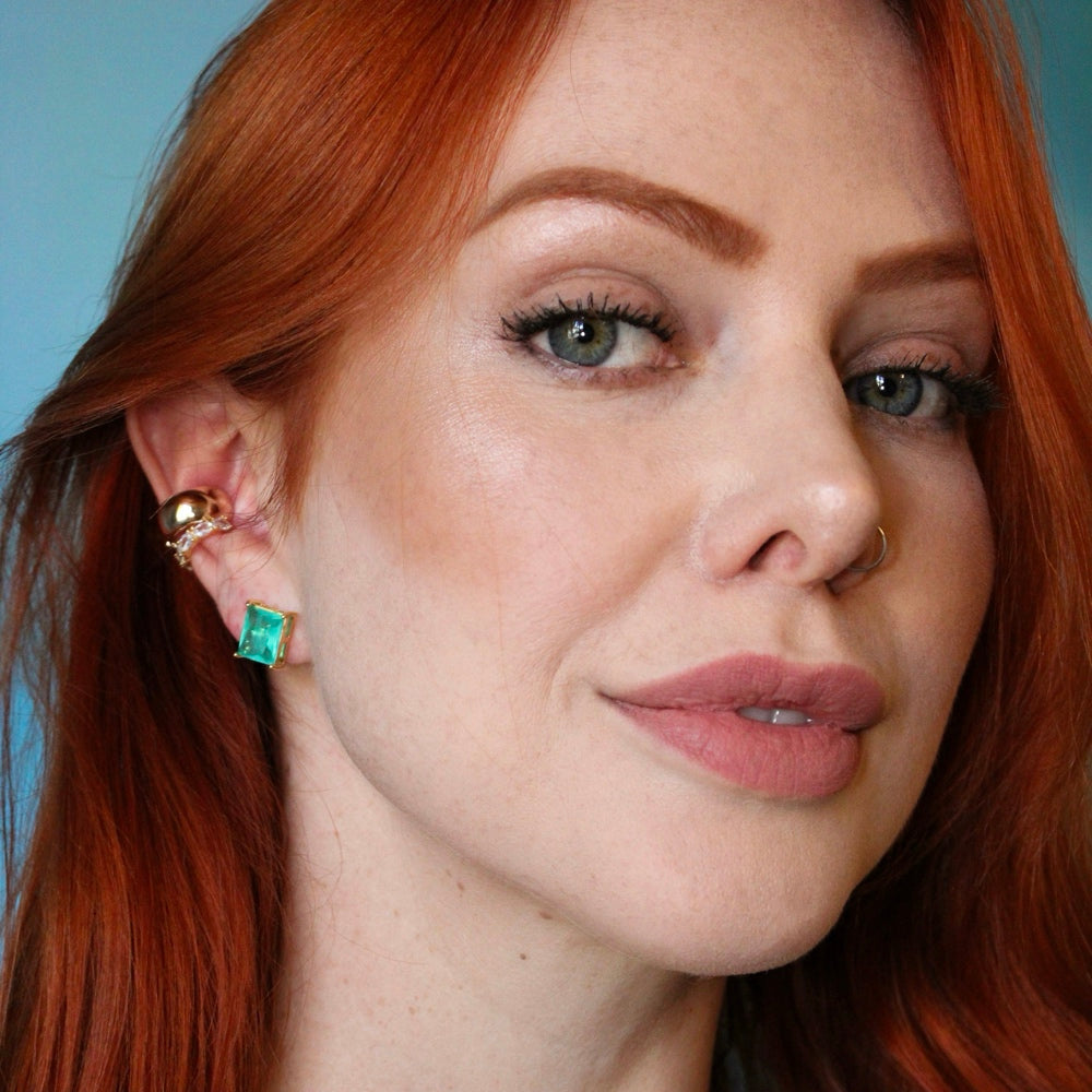 Gold Green Zirconia Rectangular Stud Earrings