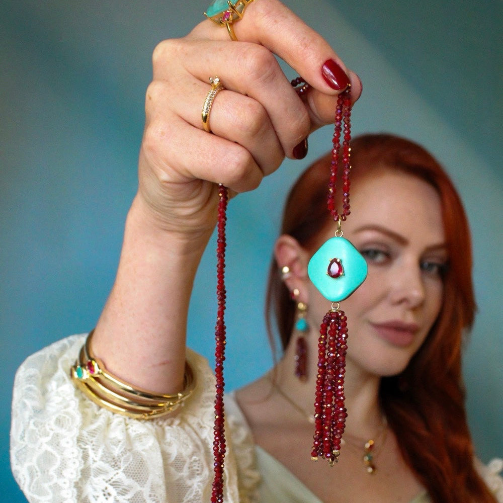 Pink Jade Turquoise Tassel Hoop Earrings