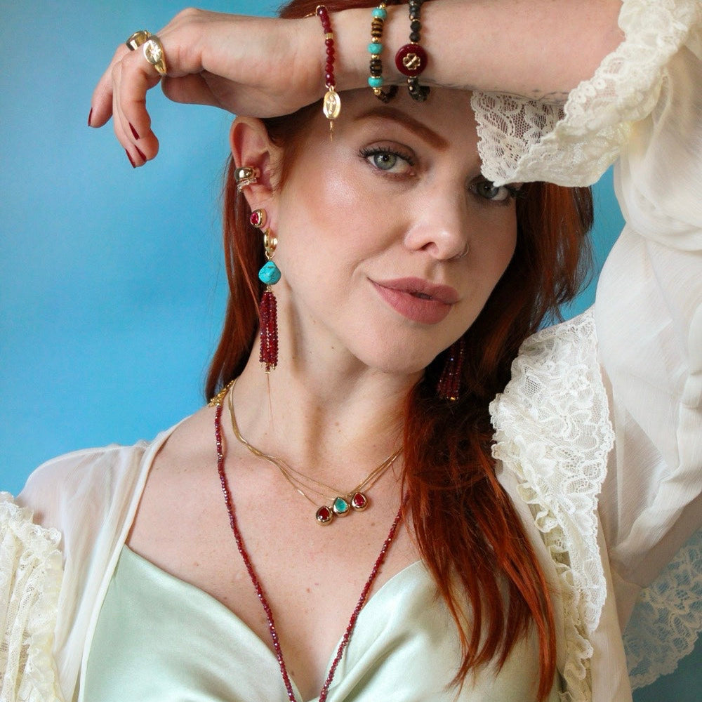 Pink Jade Turquoise Tassel Hoop Earrings