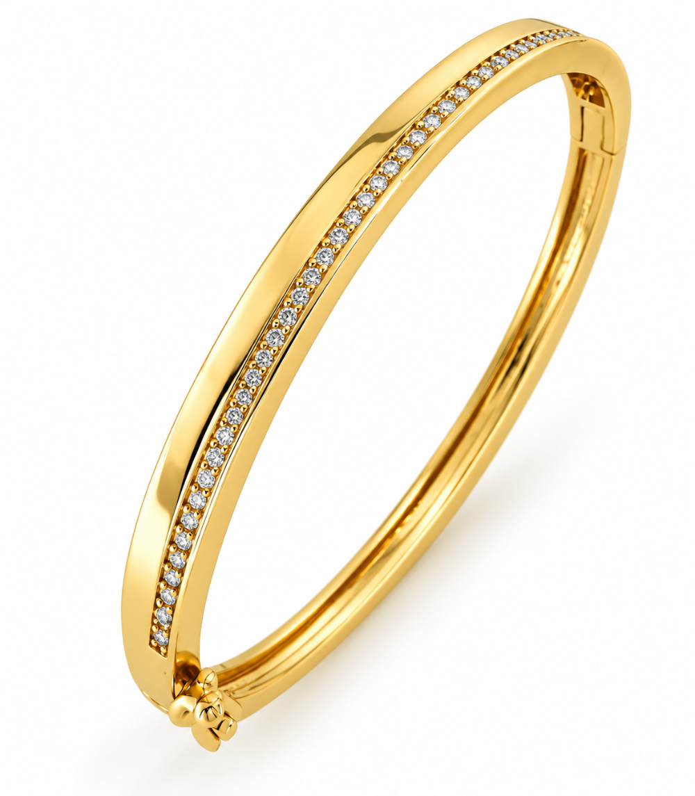 Gold plated bangle with a single row of clear cubic zirconia
