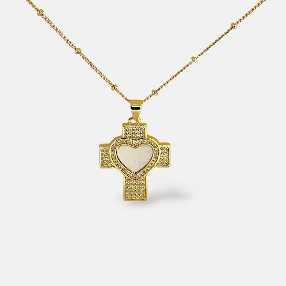 Cross and Heart Necklace Featuring Cubic
