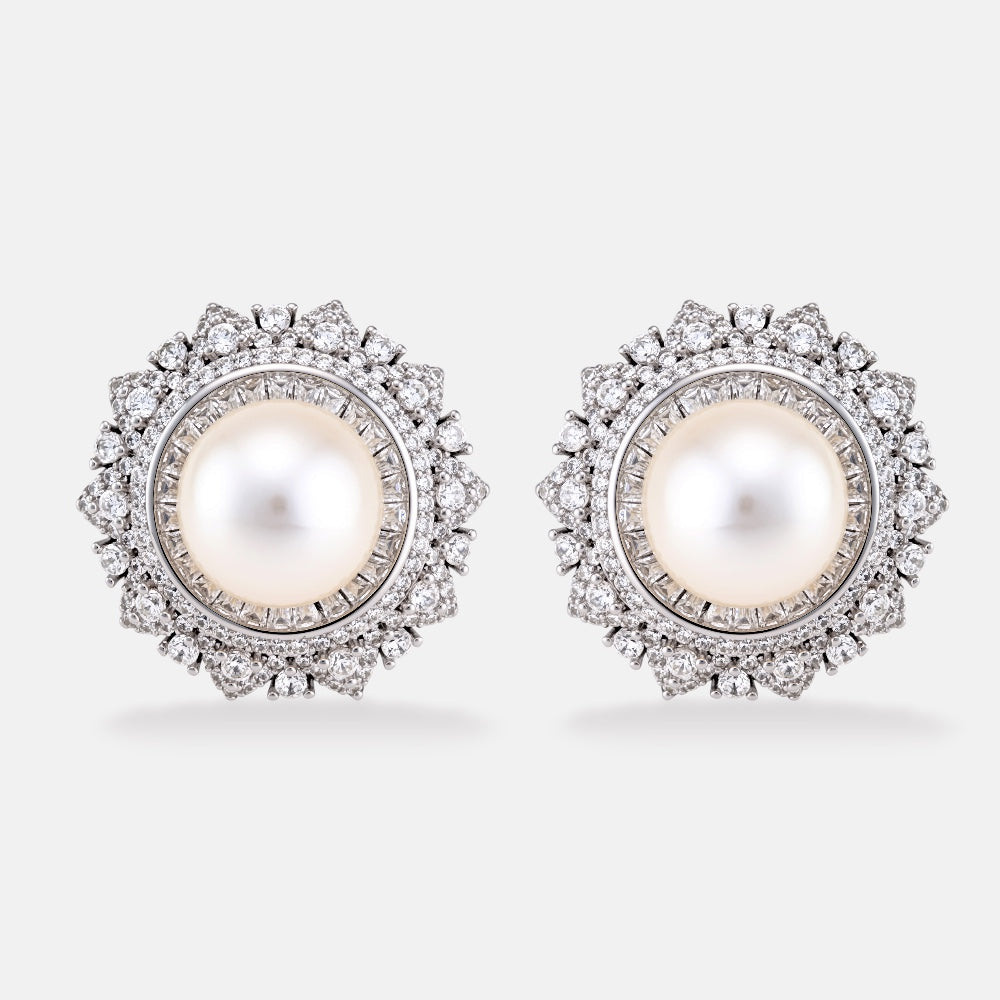 Round Pearl Zirconia Stud Earrings