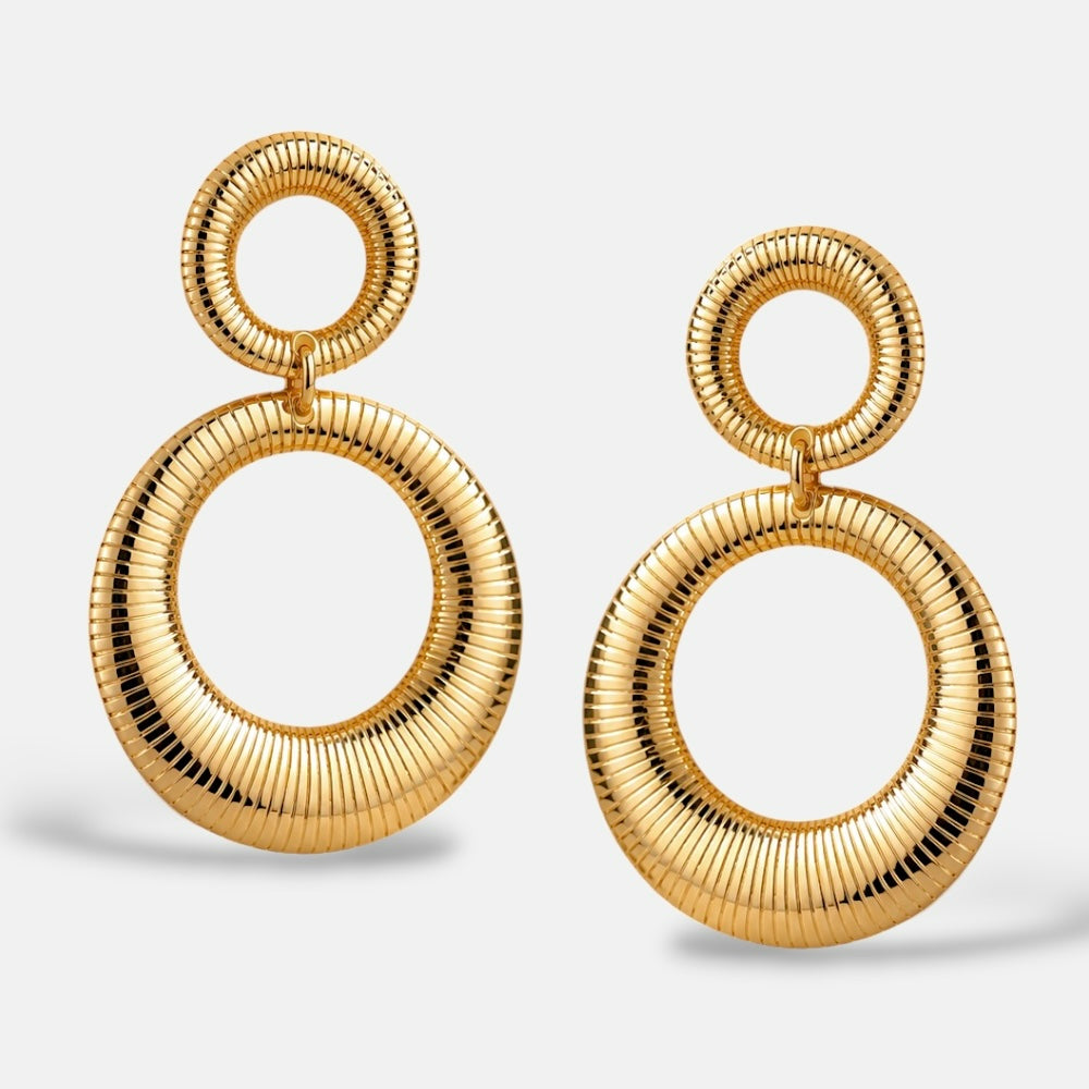 Gold Plated Textured Double Circle Drop Earrings [Villa Valentina]
