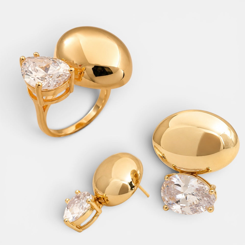 Gold Plated Earrings and Ring Set with Zirconia