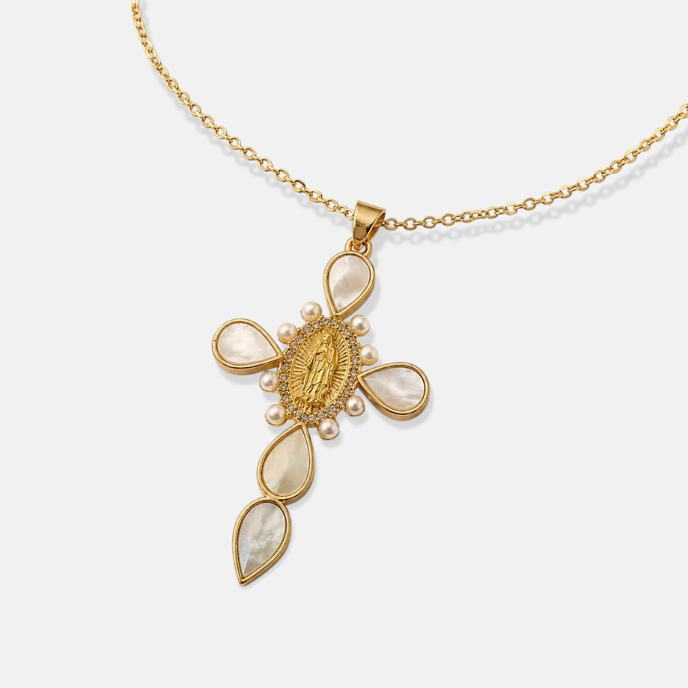 Mother of Pearl Cross Necklace Cubic Zirconia [Villa Valentina]