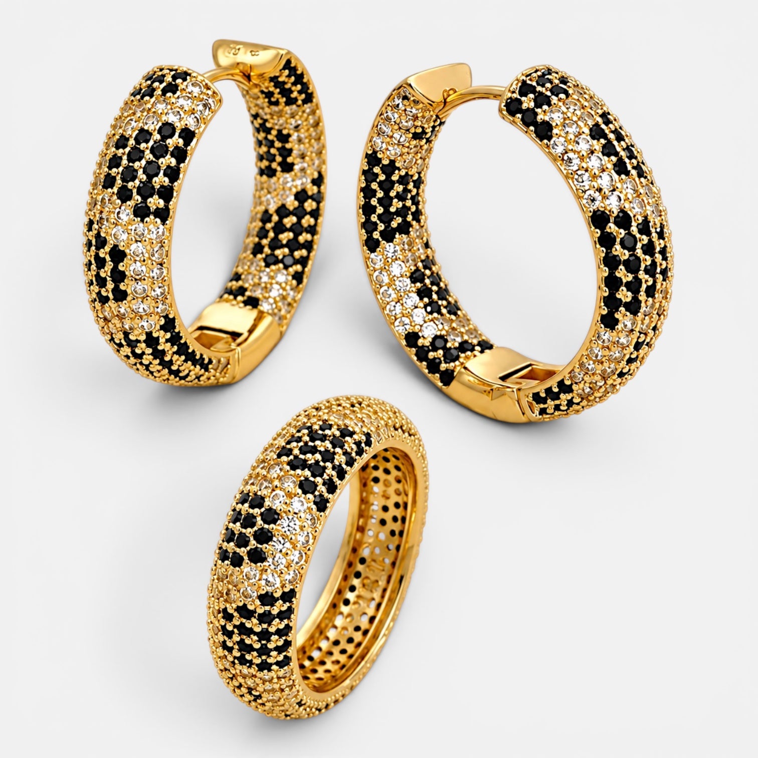 Gold Plated Black and White Zirconia Earrings and Ring Set [Villa Valentina]